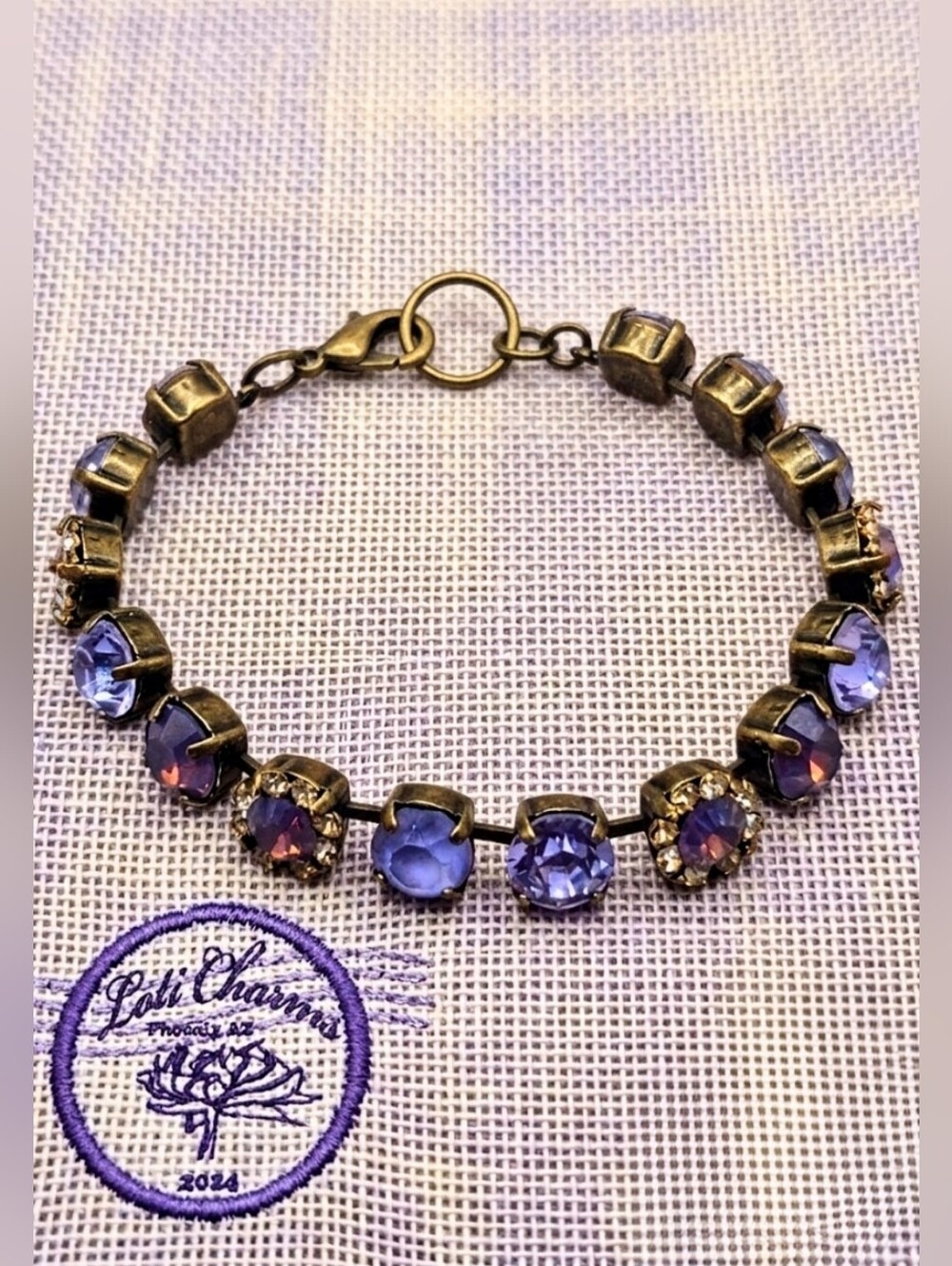 Purple Amethyst Flower Swarovski Crystals in Classic Tennis  Bracelet in Brass